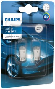 Polttimo PHILIPS 6000 K Ultinon Pro3000 LED W2,1x9,5d, Edessä, Takana, Asennus sivulle, Auton takaluukku, Jalkatila, sopii monia malleja